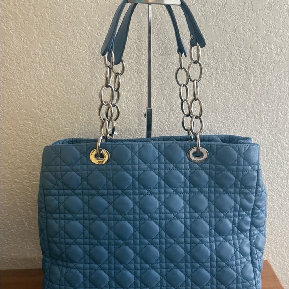 Authentic Dior Quilted Lambskin Leather shoulder /Tote bag -Blue w/COA - Picture 2 of 11